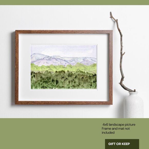 Small Original Watercolor Painting blue green white landscape Far Off Mountains - Picture 1 of 2